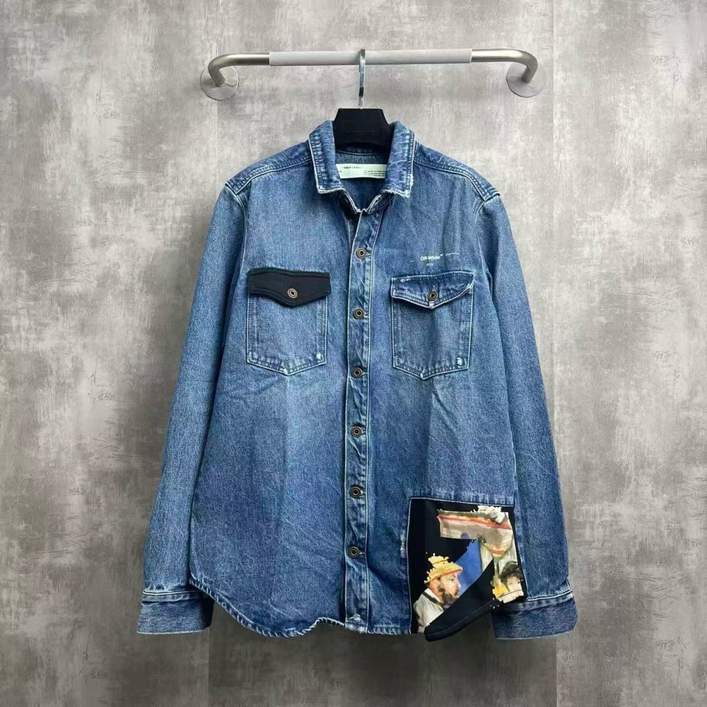 Authentic Off-White Blue Denim Jacket with Black and Multicolor Accents